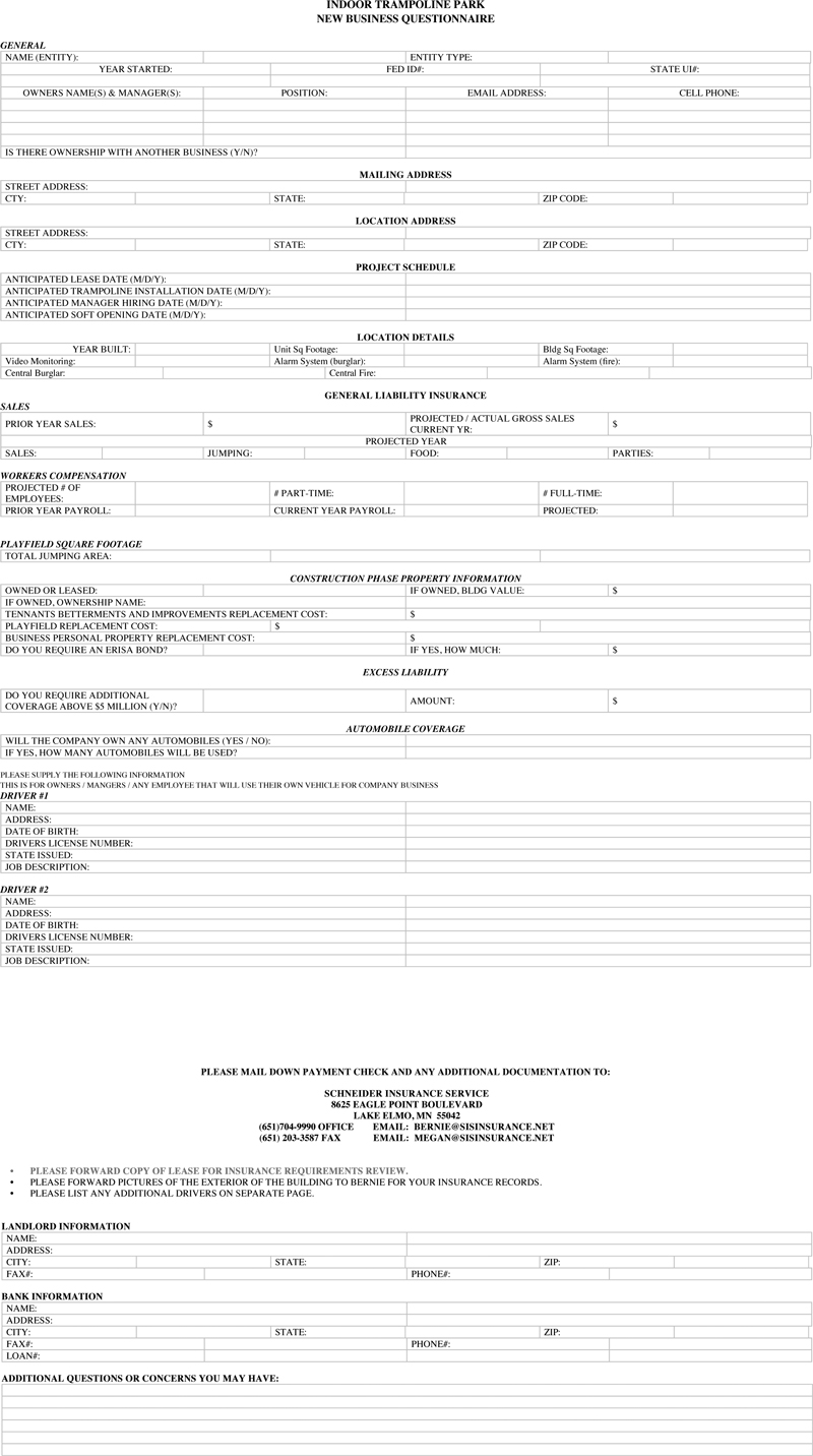 Sky Zone Indoor Trampoline Park New Business Questionnaire